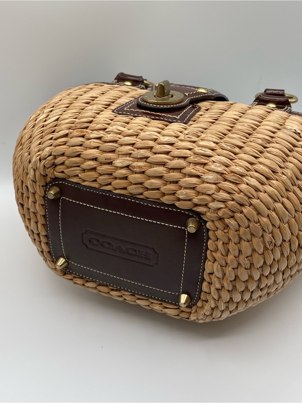 Coach Tan Woven Straw Tote with Dark Brown Leather Trim - Picture 6 of 16